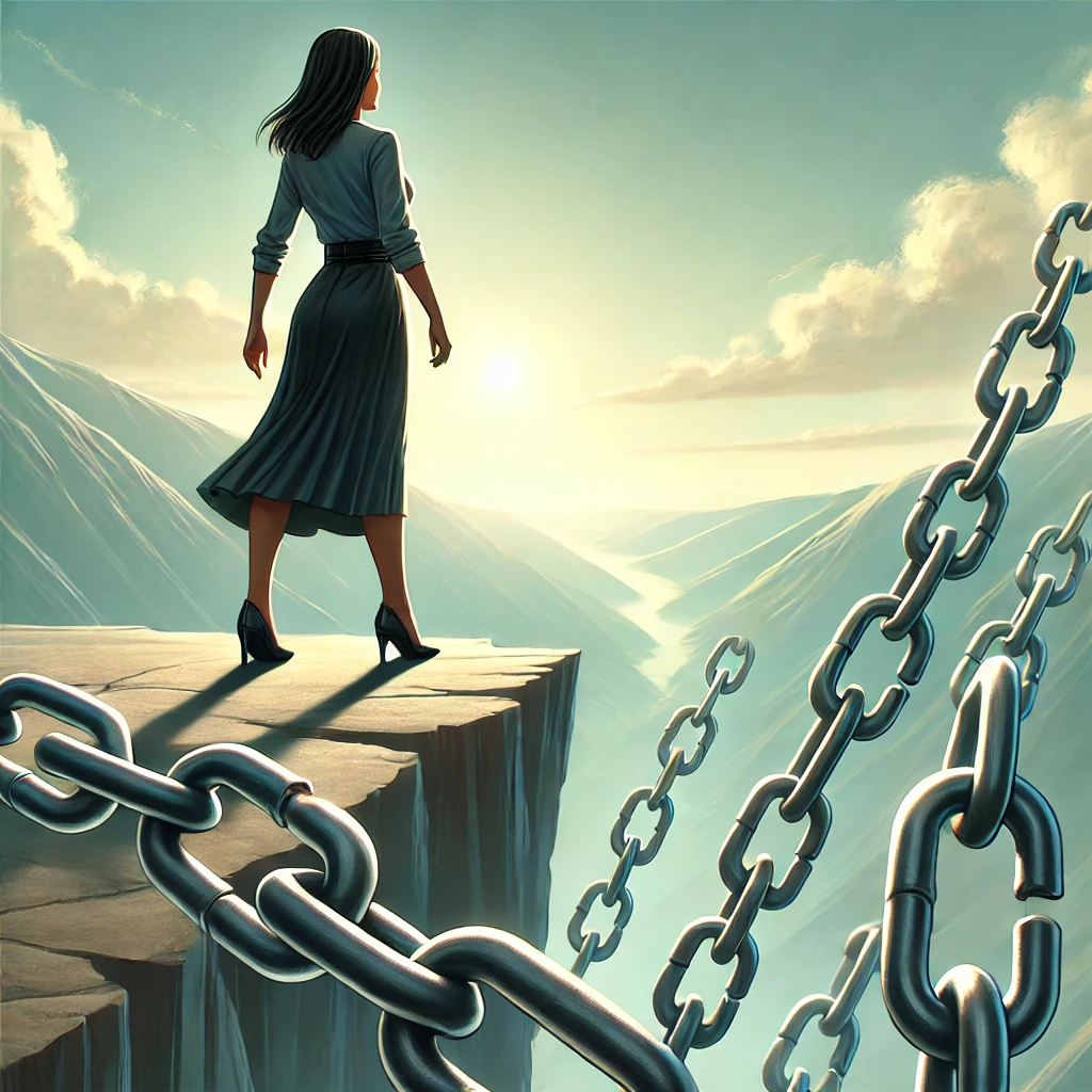 Confident woman overcoming Imposter Syndrome standing at a cliff edge