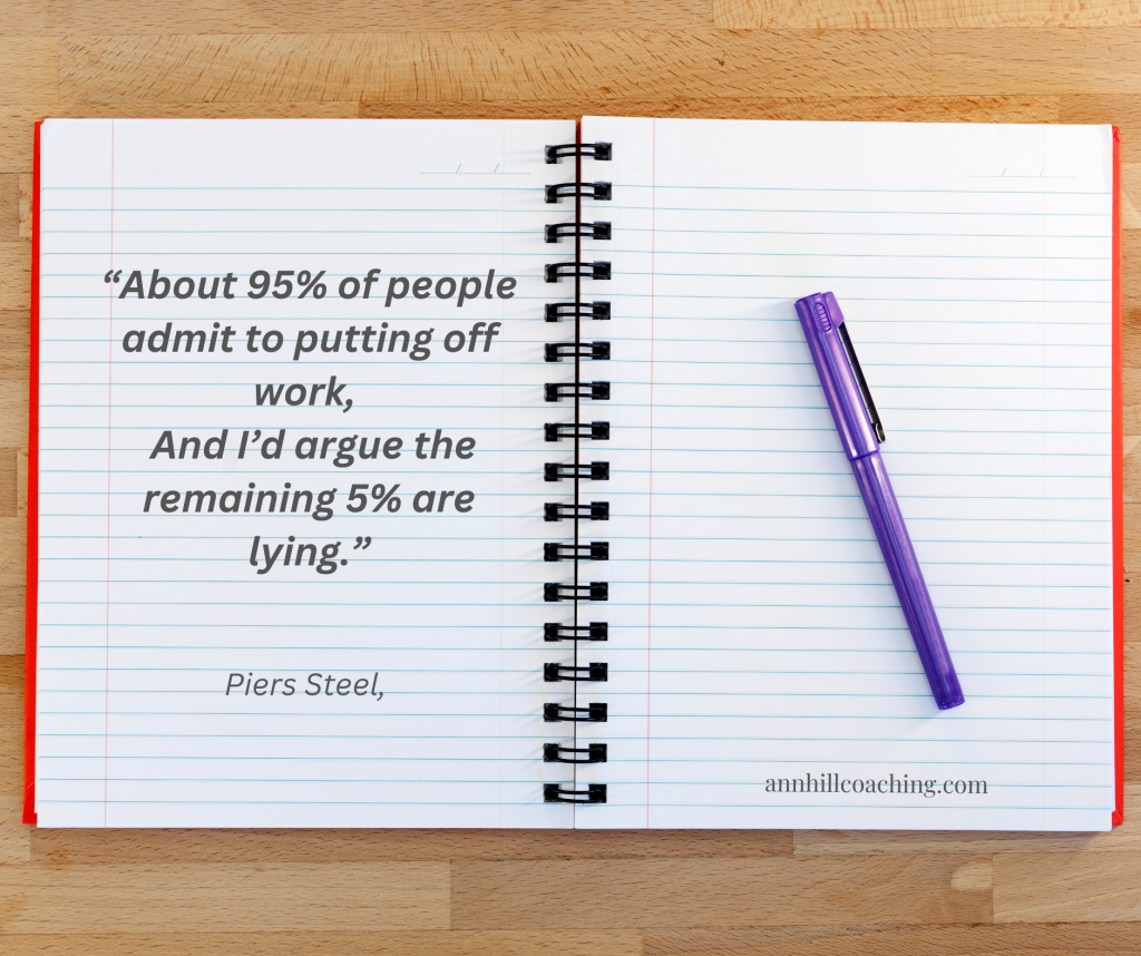 a book showing quote 95% people admit putting off work, the other 5% are lying