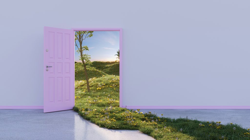 an open door, it is pink and shows the way to a beautiful meadow beyond